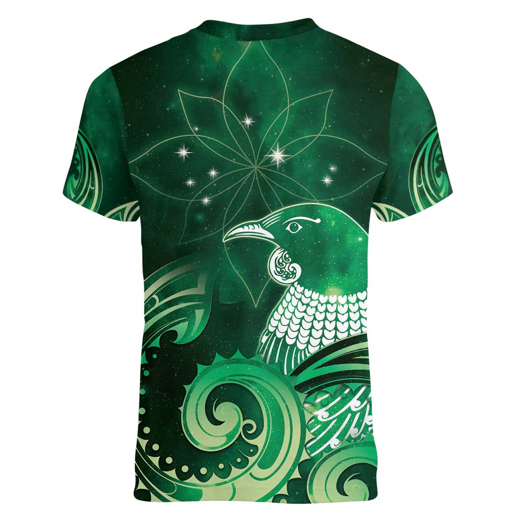 New Zealand Matariki Women V-Neck T-Shirt Maori Tui Bird Green Galaxy DT05 - Polynesian Pride