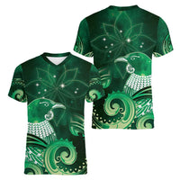 New Zealand Matariki Women V-Neck T-Shirt Maori Tui Bird Green Galaxy DT05 - Polynesian Pride