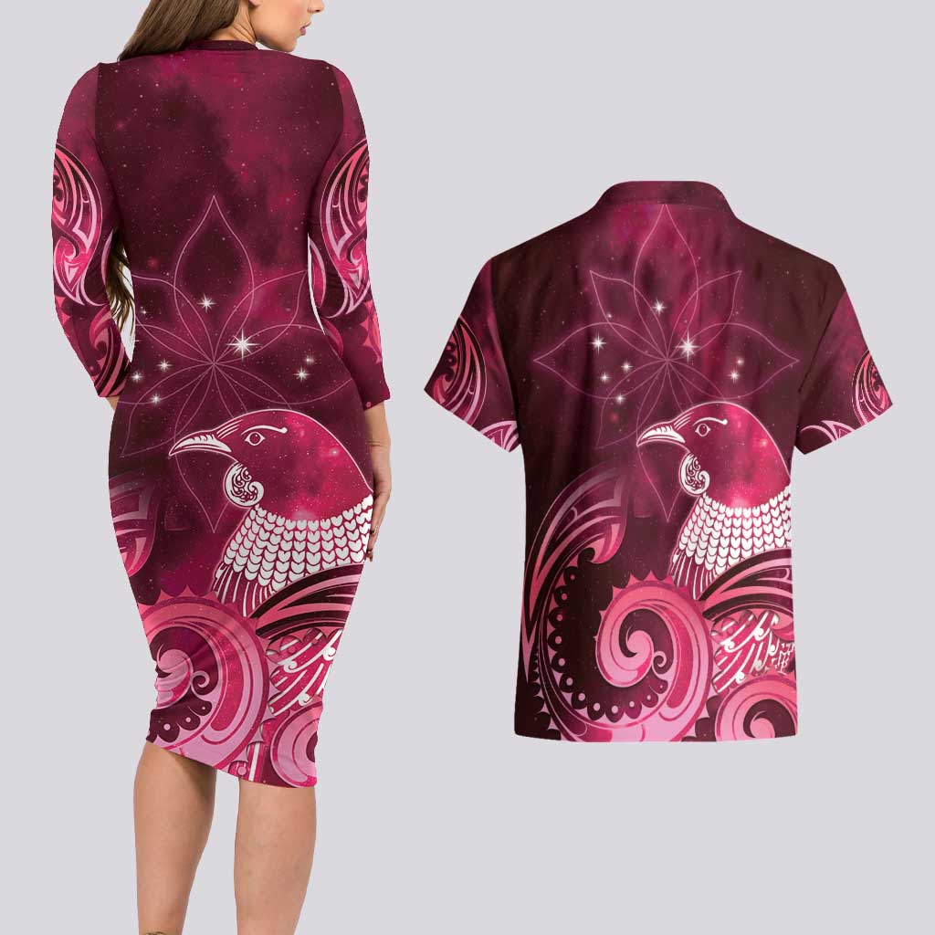 New Zealand Matariki Couples Matching Long Sleeve Bodycon Dress and Hawaiian Shirt Maori Tui Bird Magenta Galaxy DT05 - Polynesian Pride