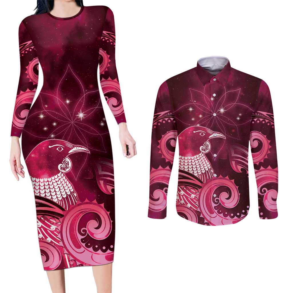 New Zealand Matariki Couples Matching Long Sleeve Bodycon Dress and Long Sleeve Button Shirt Maori Tui Bird Magenta Galaxy DT05 Magenta - Polynesian Pride