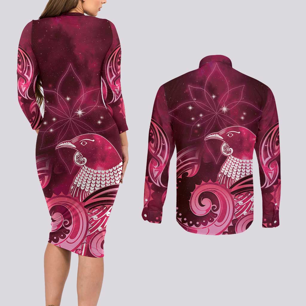 New Zealand Matariki Couples Matching Long Sleeve Bodycon Dress and Long Sleeve Button Shirt Maori Tui Bird Magenta Galaxy DT05 - Polynesian Pride