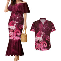 New Zealand Matariki Couples Matching Mermaid Dress and Hawaiian Shirt Maori Tui Bird Magenta Galaxy DT05 Magenta - Polynesian Pride