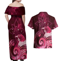 New Zealand Matariki Couples Matching Off Shoulder Maxi Dress and Hawaiian Shirt Maori Tui Bird Magenta Galaxy DT05 - Polynesian Pride