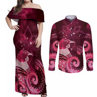New Zealand Matariki Couples Matching Off Shoulder Maxi Dress and Long Sleeve Button Shirt Maori Tui Bird Magenta Galaxy DT05 Magenta - Polynesian Pride