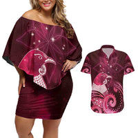 New Zealand Matariki Couples Matching Off Shoulder Short Dress and Hawaiian Shirt Maori Tui Bird Magenta Galaxy DT05 Magenta - Polynesian Pride