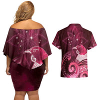 New Zealand Matariki Couples Matching Off Shoulder Short Dress and Hawaiian Shirt Maori Tui Bird Magenta Galaxy DT05 - Polynesian Pride