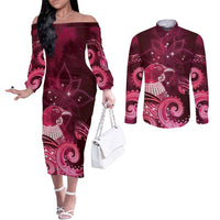 New Zealand Matariki Couples Matching Off The Shoulder Long Sleeve Dress and Long Sleeve Button Shirt Maori Tui Bird Magenta Galaxy DT05 Magenta - Polynesian Pride