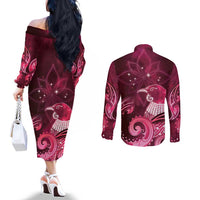 New Zealand Matariki Couples Matching Off The Shoulder Long Sleeve Dress and Long Sleeve Button Shirt Maori Tui Bird Magenta Galaxy DT05 - Polynesian Pride