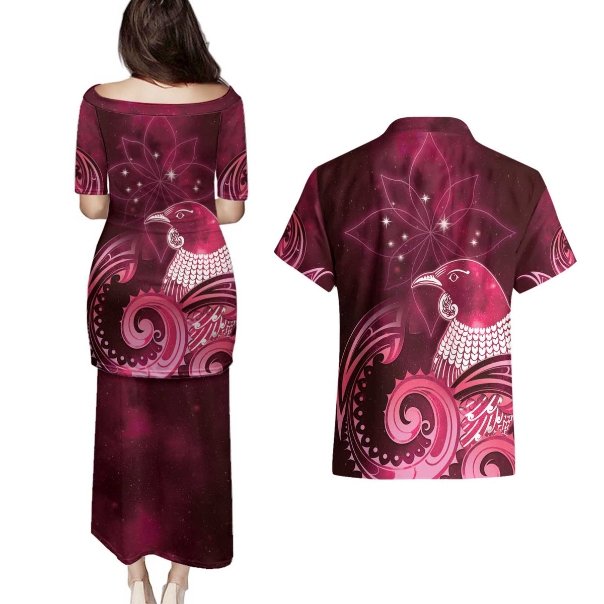 New Zealand Matariki Couples Matching Puletasi and Hawaiian Shirt Maori Tui Bird Magenta Galaxy DT05 - Polynesian Pride