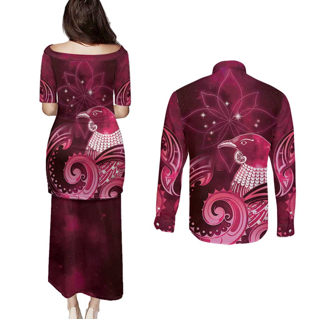 New Zealand Matariki Couples Matching Puletasi and Long Sleeve Button Shirt Maori Tui Bird Magenta Galaxy
