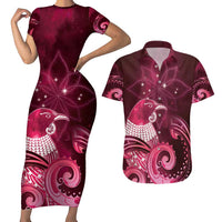 New Zealand Matariki Couples Matching Short Sleeve Bodycon Dress and Hawaiian Shirt Maori Tui Bird Magenta Galaxy DT05 Magenta - Polynesian Pride