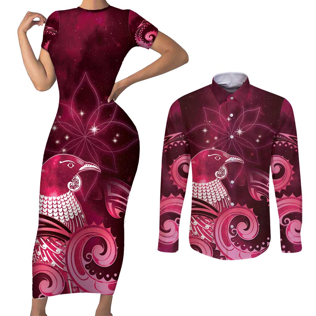New Zealand Matariki Couples Matching Short Sleeve Bodycon Dress and Long Sleeve Button Shirt Maori Tui Bird Magenta Galaxy DT05 Magenta - Polynesian Pride