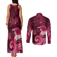 New Zealand Matariki Couples Matching Tank Maxi Dress and Long Sleeve Button Shirt Maori Tui Bird Magenta Galaxy DT05 - Polynesian Pride