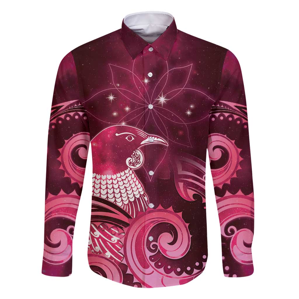New Zealand Matariki Family Matching Long Sleeve Bodycon Dress and Hawaiian Shirt Maori Tui Bird Magenta Galaxy DT05 Dad's Shirt - Long Sleeve Magenta - Polynesian Pride