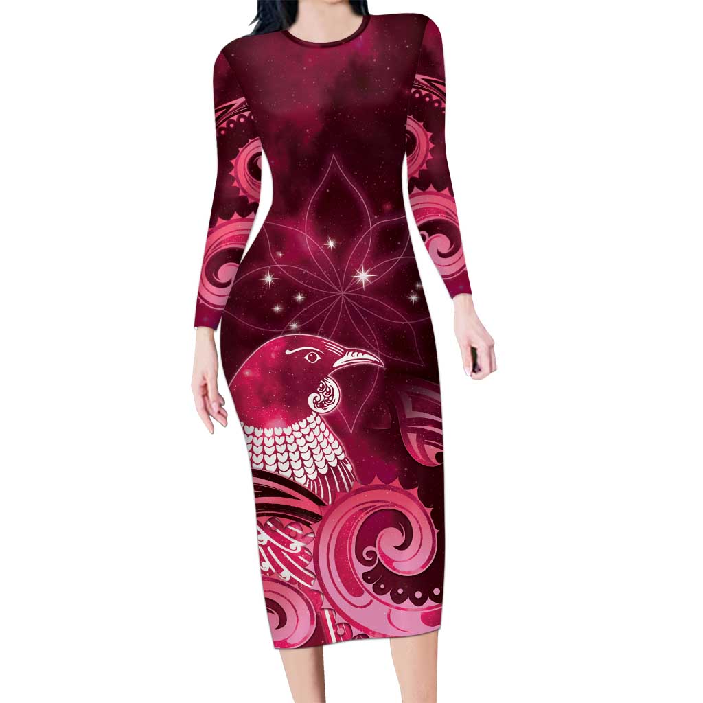 New Zealand Matariki Family Matching Long Sleeve Bodycon Dress and Hawaiian Shirt Maori Tui Bird Magenta Galaxy DT05 Mom's Dress Magenta - Polynesian Pride