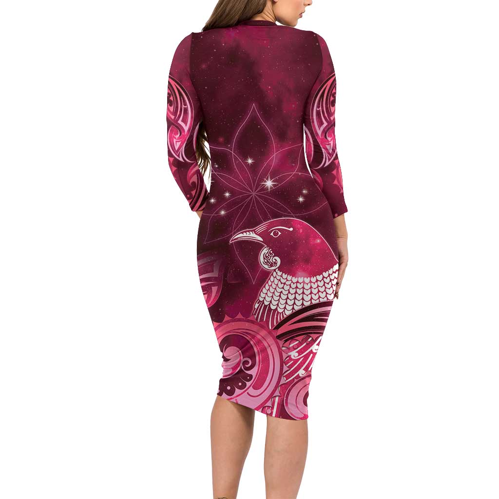 New Zealand Matariki Family Matching Long Sleeve Bodycon Dress and Hawaiian Shirt Maori Tui Bird Magenta Galaxy DT05 - Polynesian Pride