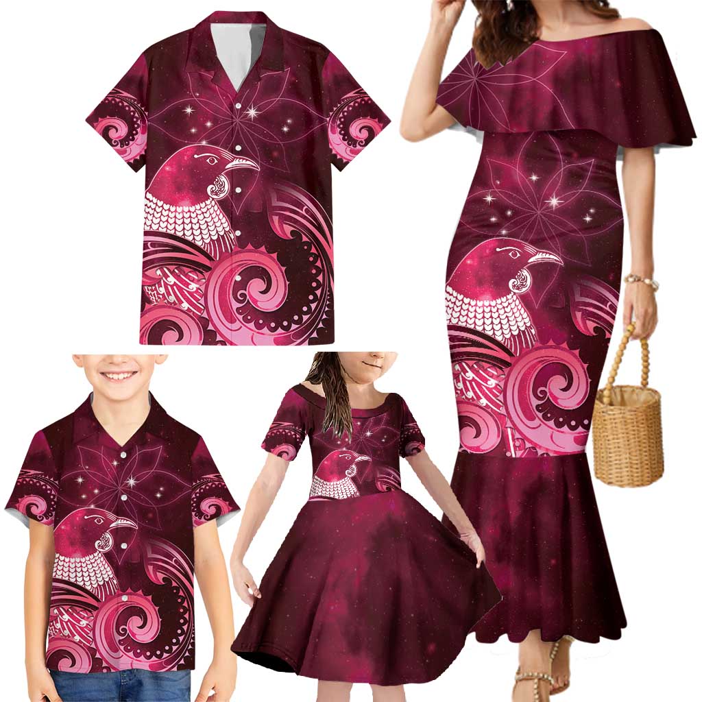New Zealand Matariki Family Matching Mermaid Dress and Hawaiian Shirt Maori Tui Bird Magenta Galaxy DT05 - Polynesian Pride