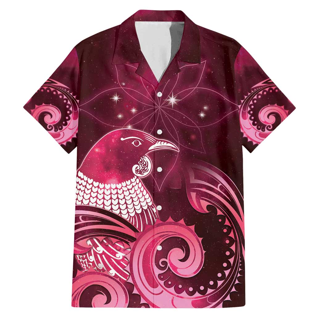 New Zealand Matariki Family Matching Mermaid Dress and Hawaiian Shirt Maori Tui Bird Magenta Galaxy DT05 Dad's Shirt - Short Sleeve Magenta - Polynesian Pride