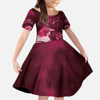 New Zealand Matariki Family Matching Off The Shoulder Long Sleeve Dress and Hawaiian Shirt Maori Tui Bird Magenta Galaxy DT05 Daughter's Dress Magenta - Polynesian Pride