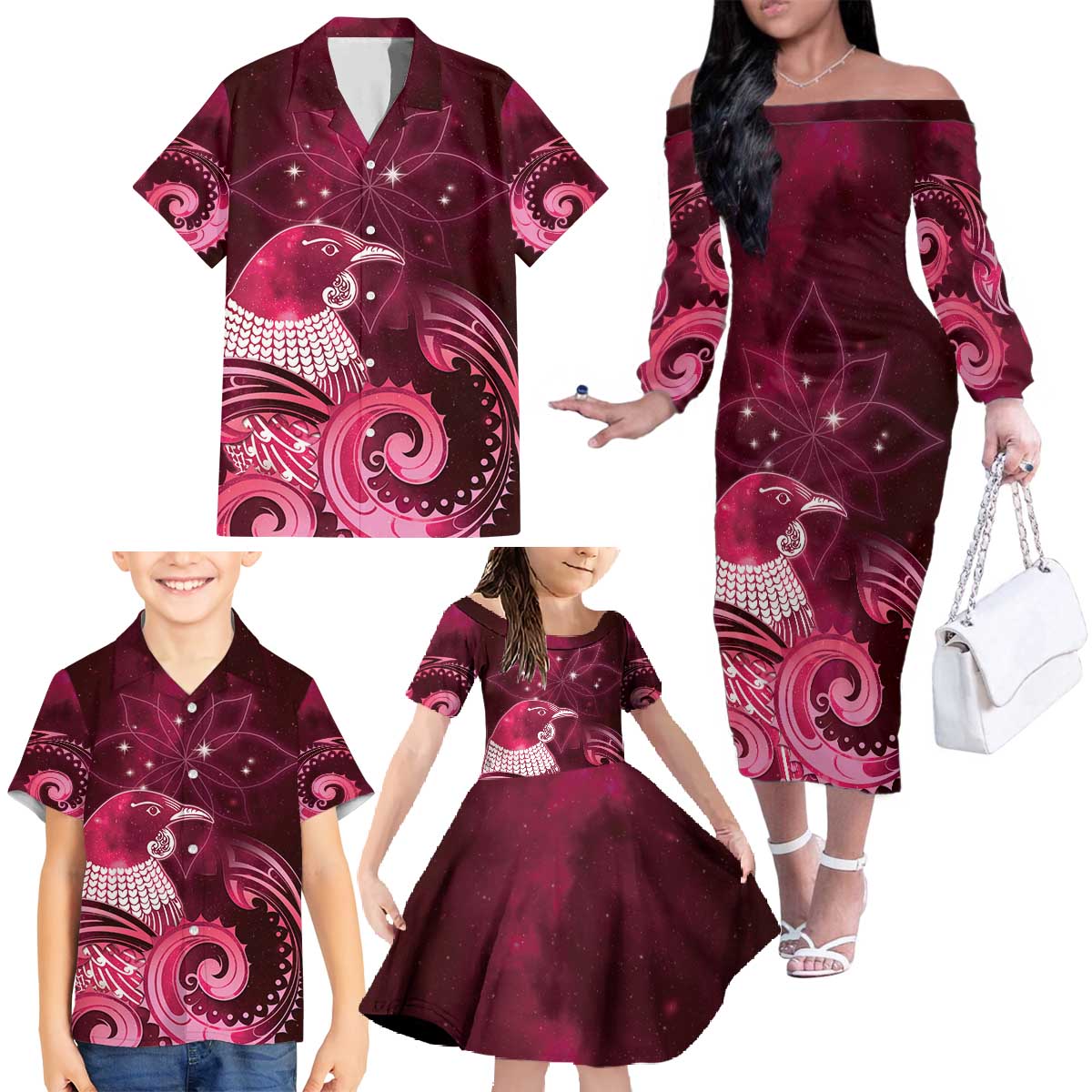 New Zealand Matariki Family Matching Off The Shoulder Long Sleeve Dress and Hawaiian Shirt Maori Tui Bird Magenta Galaxy DT05 - Polynesian Pride