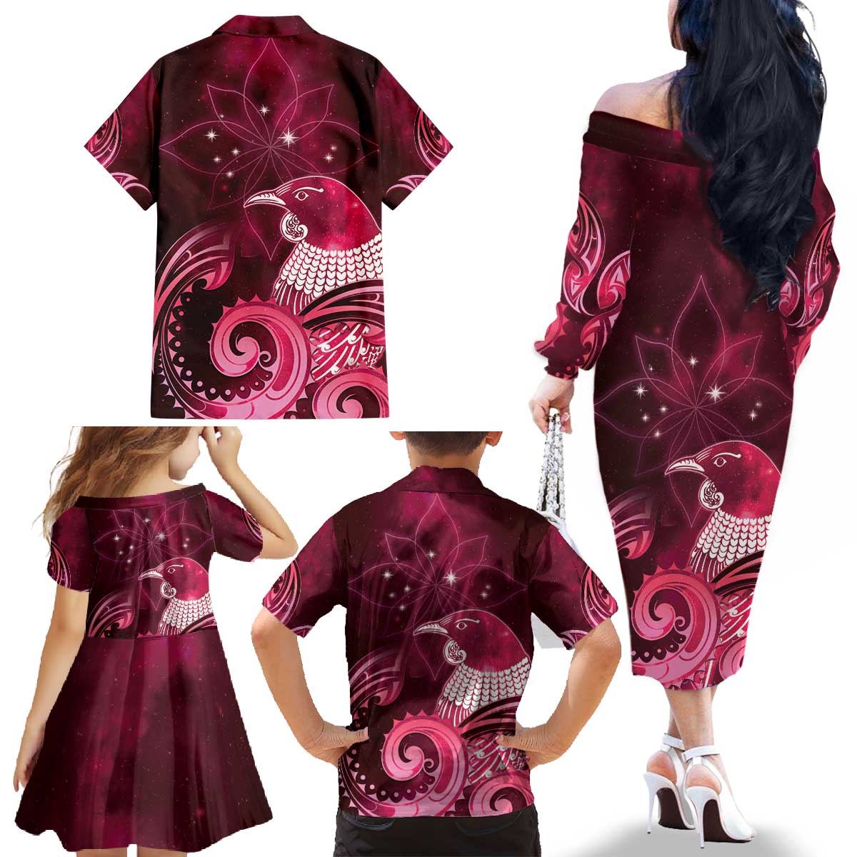 New Zealand Matariki Family Matching Off The Shoulder Long Sleeve Dress and Hawaiian Shirt Maori Tui Bird Magenta Galaxy DT05 - Polynesian Pride