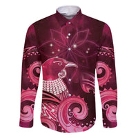 New Zealand Matariki Family Matching Off The Shoulder Long Sleeve Dress and Hawaiian Shirt Maori Tui Bird Magenta Galaxy DT05 Dad's Shirt - Long Sleeve Magenta - Polynesian Pride