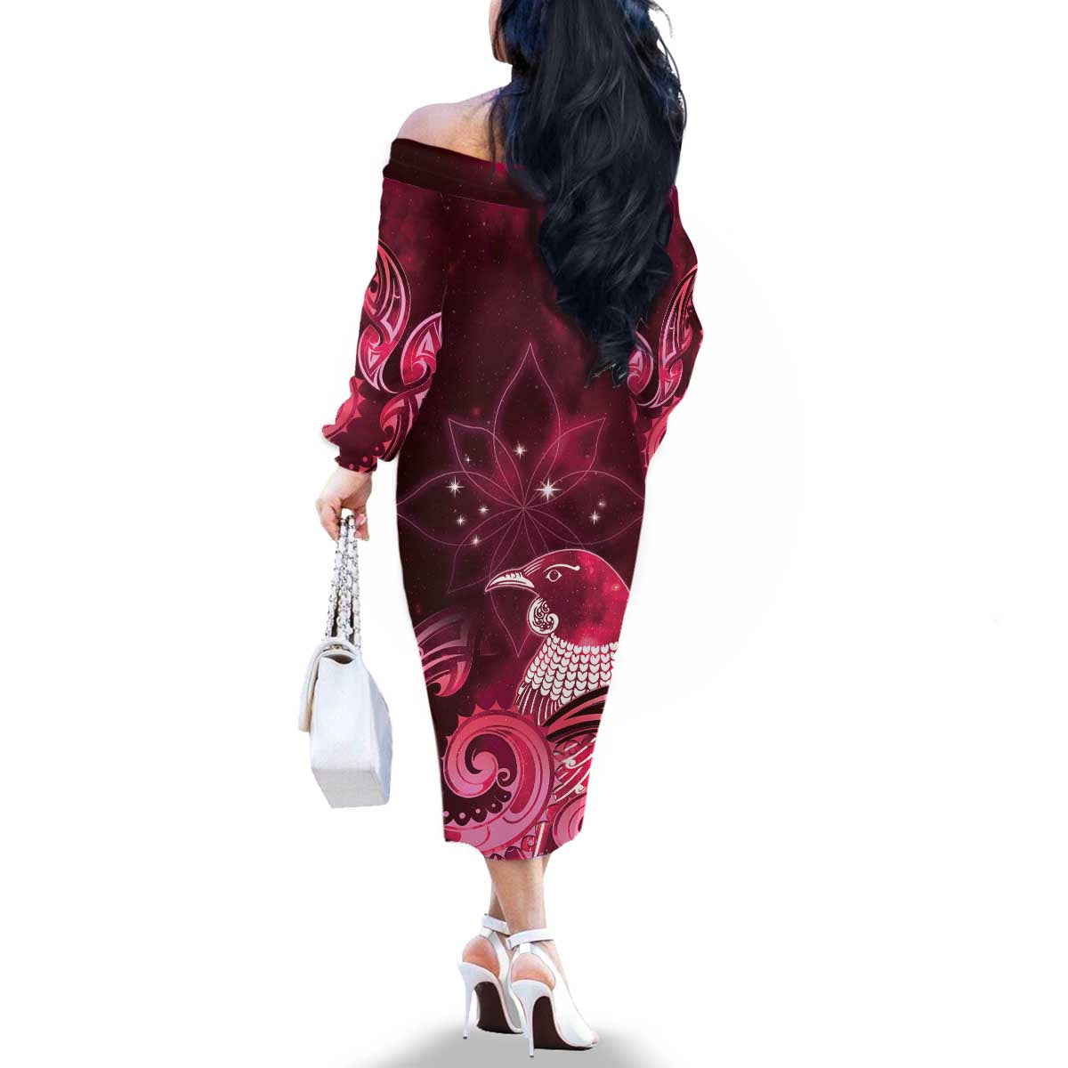 New Zealand Matariki Family Matching Off The Shoulder Long Sleeve Dress and Hawaiian Shirt Maori Tui Bird Magenta Galaxy DT05 - Polynesian Pride