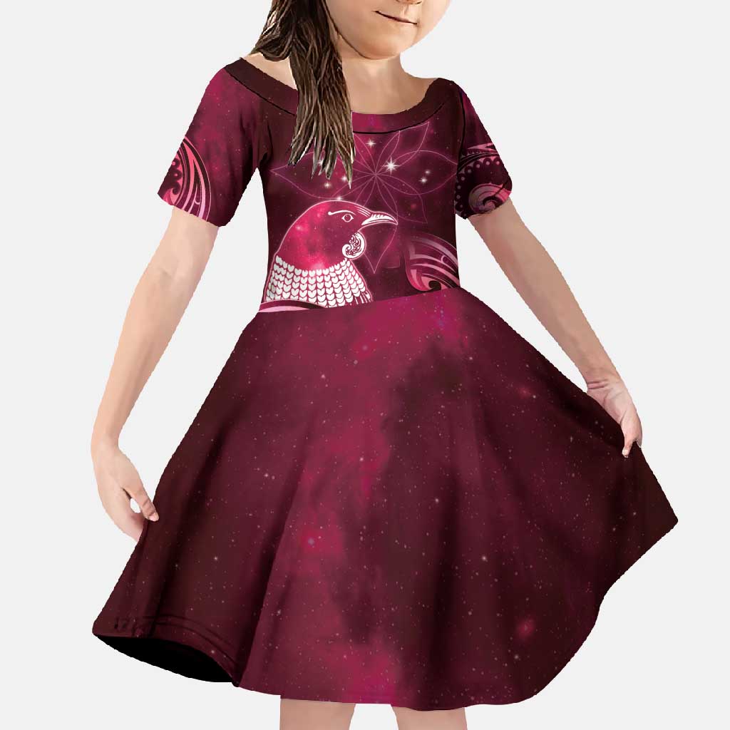 New Zealand Matariki Family Matching Off Shoulder Maxi Dress and Hawaiian Shirt Maori Tui Bird Magenta Galaxy DT05 Daughter's Dress Magenta - Polynesian Pride