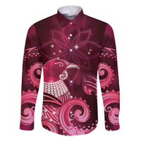 New Zealand Matariki Family Matching Off Shoulder Maxi Dress and Hawaiian Shirt Maori Tui Bird Magenta Galaxy DT05 Dad's Shirt - Long Sleeve Magenta - Polynesian Pride