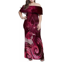 New Zealand Matariki Family Matching Off Shoulder Maxi Dress and Hawaiian Shirt Maori Tui Bird Magenta Galaxy DT05 Mom's Dress Magenta - Polynesian Pride