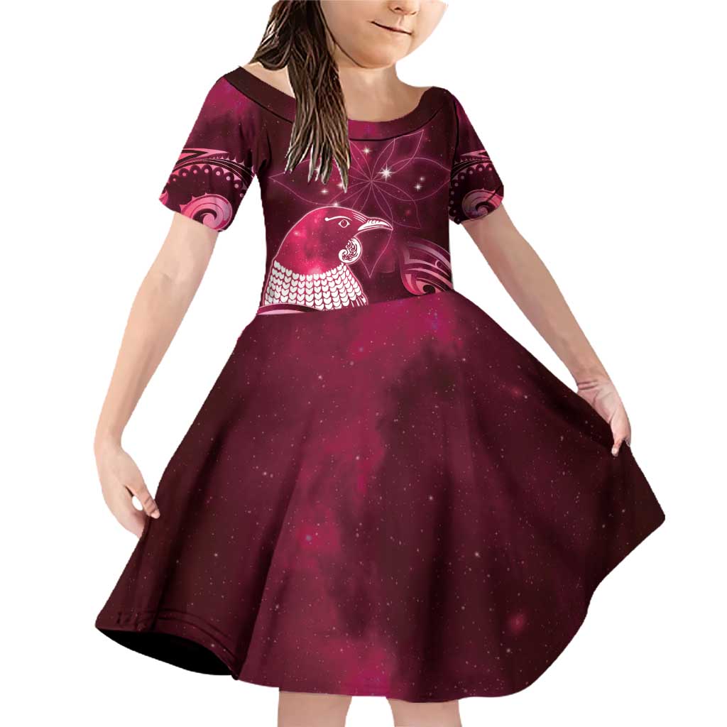 New Zealand Matariki Family Matching Off Shoulder Short Dress and Hawaiian Shirt Maori Tui Bird Magenta Galaxy DT05 Daughter's Dress Magenta - Polynesian Pride