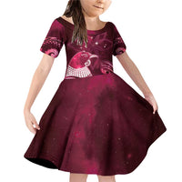 New Zealand Matariki Family Matching Off Shoulder Short Dress and Hawaiian Shirt Maori Tui Bird Magenta Galaxy DT05 Daughter's Dress Magenta - Polynesian Pride