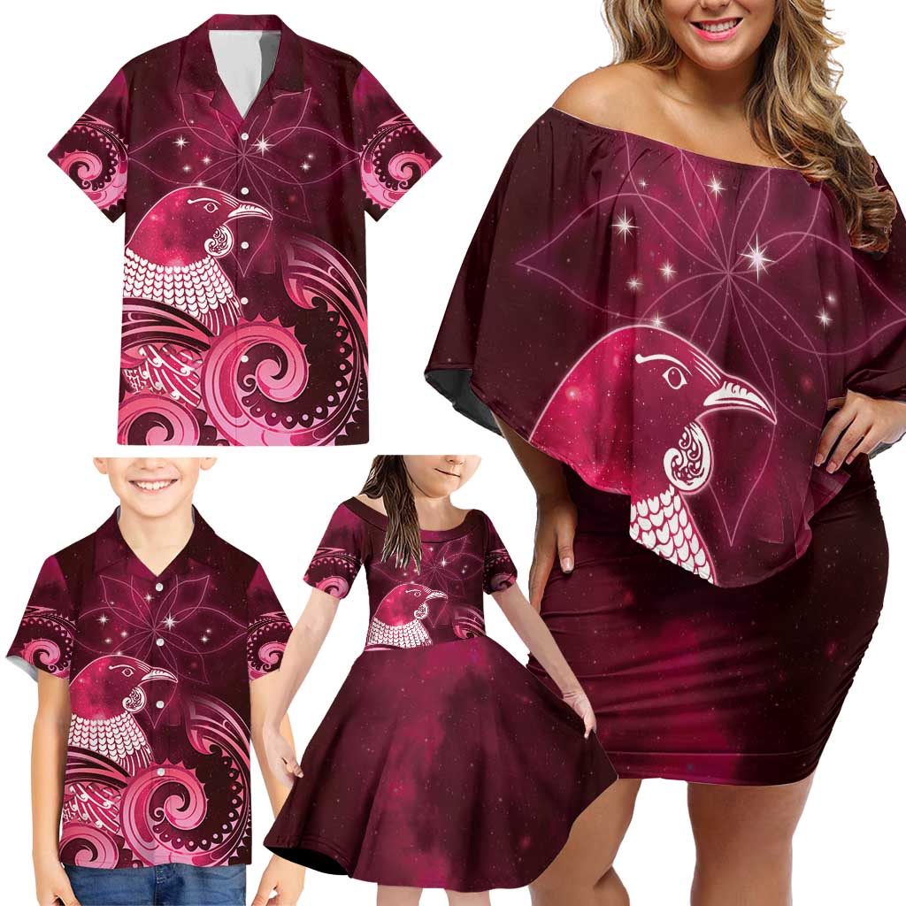 New Zealand Matariki Family Matching Off Shoulder Short Dress and Hawaiian Shirt Maori Tui Bird Magenta Galaxy DT05 - Polynesian Pride