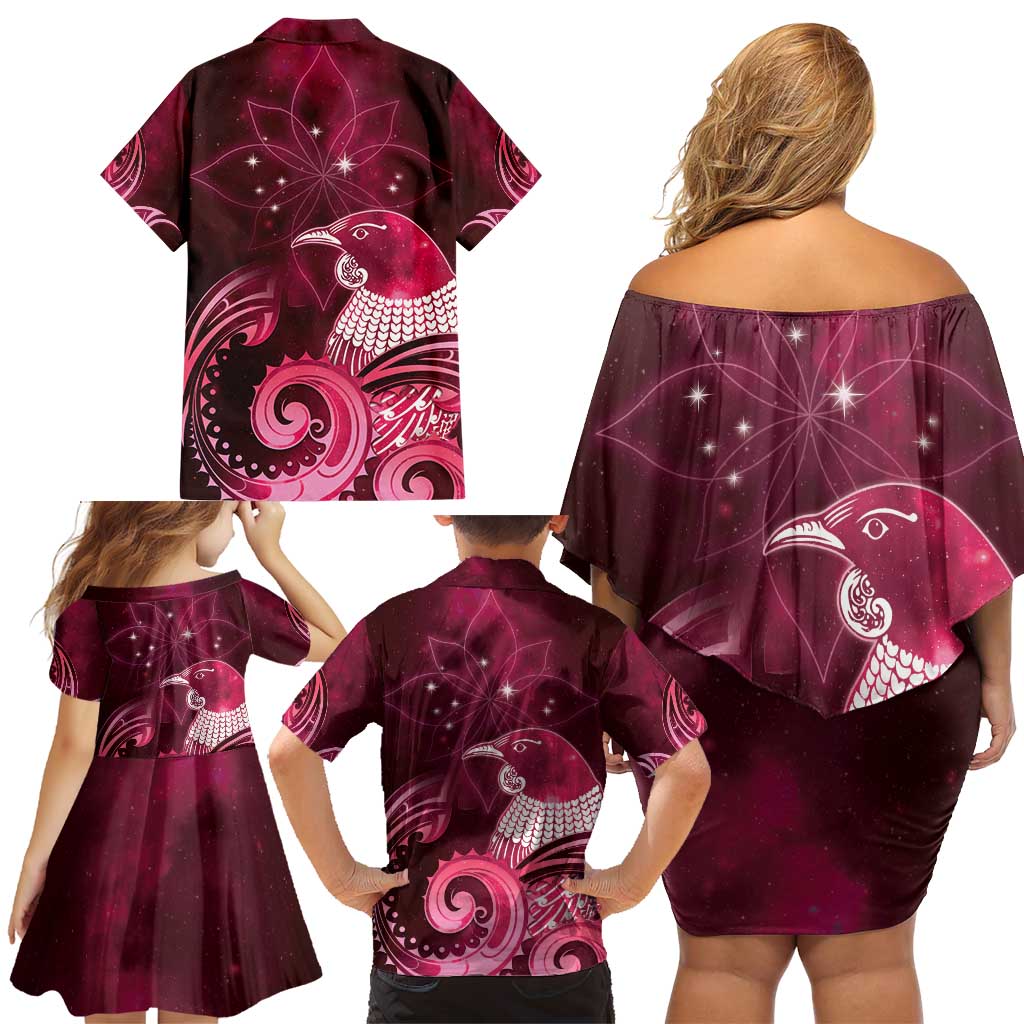 New Zealand Matariki Family Matching Off Shoulder Short Dress and Hawaiian Shirt Maori Tui Bird Magenta Galaxy DT05 - Polynesian Pride