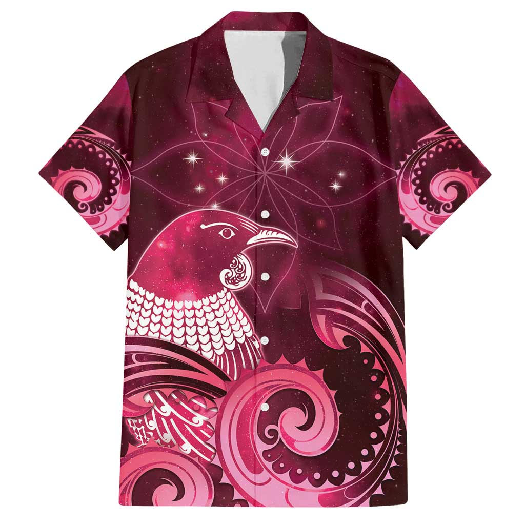 New Zealand Matariki Family Matching Off Shoulder Short Dress and Hawaiian Shirt Maori Tui Bird Magenta Galaxy DT05 Dad's Shirt - Short Sleeve Magenta - Polynesian Pride