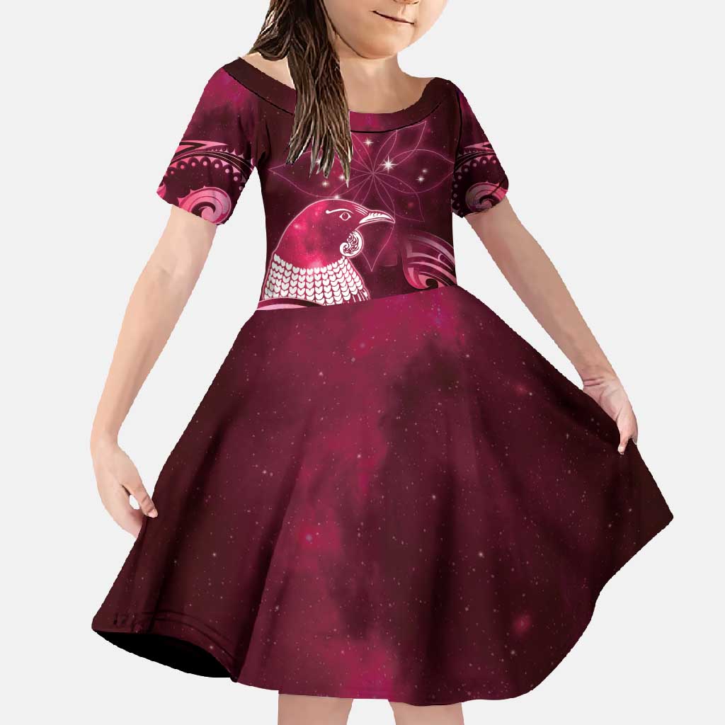 New Zealand Matariki Family Matching Short Sleeve Bodycon Dress and Hawaiian Shirt Maori Tui Bird Magenta Galaxy DT05 Daughter's Dress Magenta - Polynesian Pride