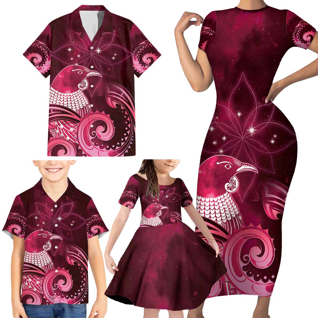 New Zealand Matariki Family Matching Short Sleeve Bodycon Dress and Hawaiian Shirt Maori Tui Bird Magenta Galaxy DT05 - Polynesian Pride