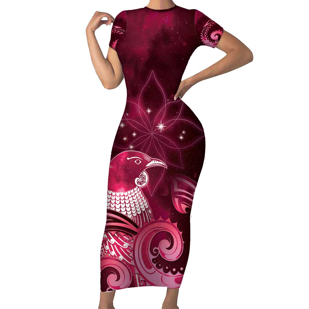 New Zealand Matariki Family Matching Short Sleeve Bodycon Dress and Hawaiian Shirt Maori Tui Bird Magenta Galaxy DT05 Mom's Dress Magenta - Polynesian Pride