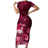 New Zealand Matariki Family Matching Short Sleeve Bodycon Dress and Hawaiian Shirt Maori Tui Bird Magenta Galaxy DT05 Mom's Dress Magenta - Polynesian Pride