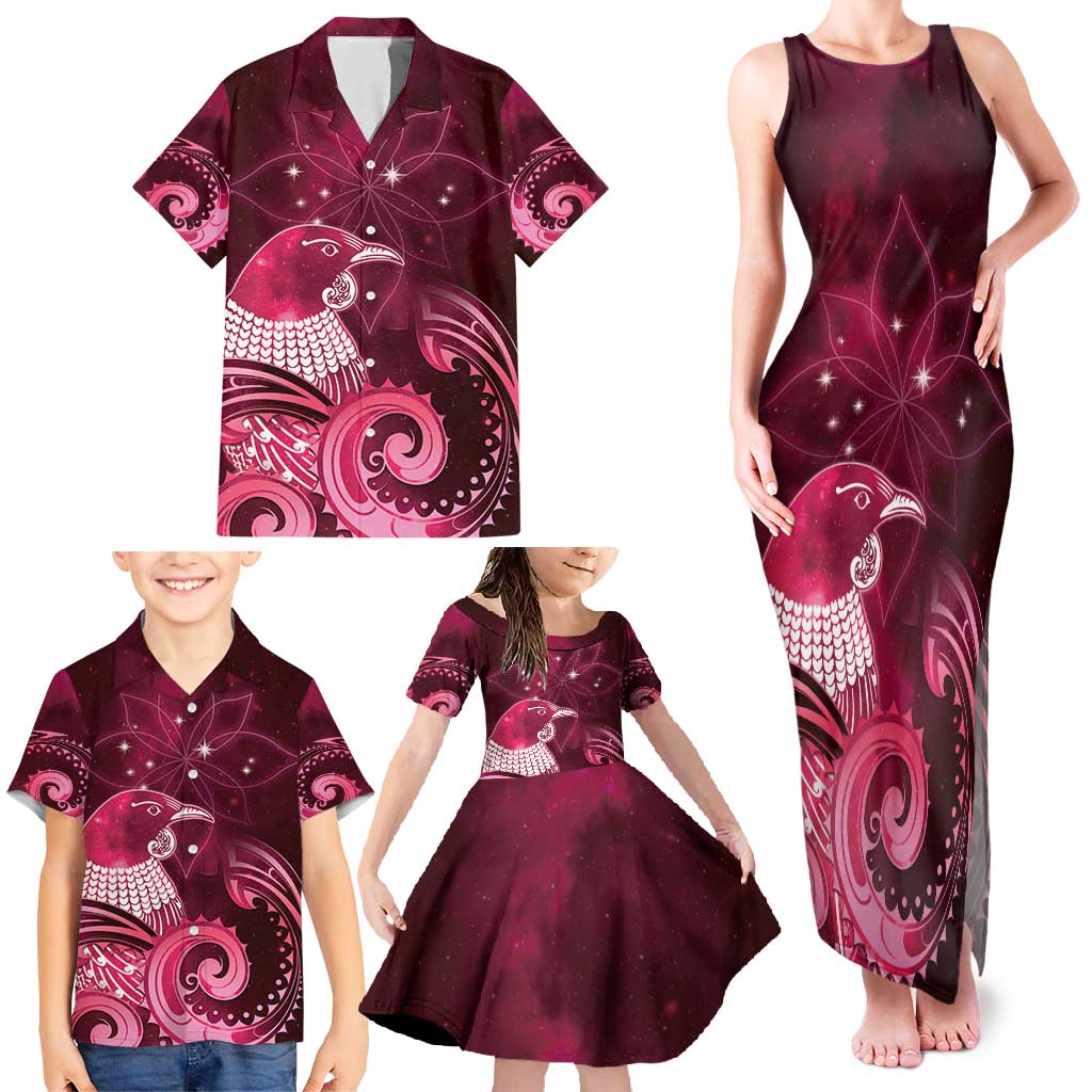 New Zealand Matariki Family Matching Tank Maxi Dress and Hawaiian Shirt Maori Tui Bird Magenta Galaxy DT05 - Polynesian Pride
