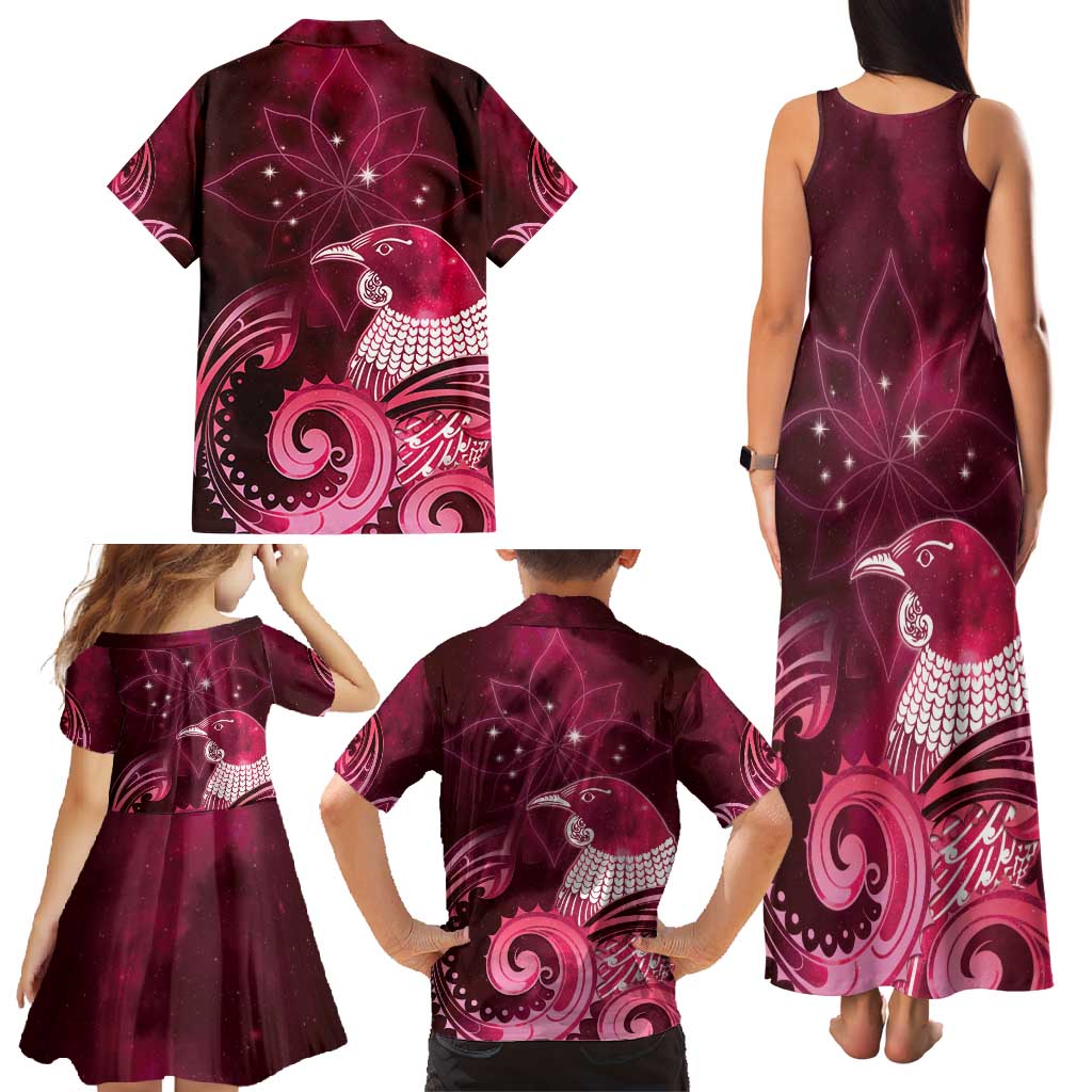 New Zealand Matariki Family Matching Tank Maxi Dress and Hawaiian Shirt Maori Tui Bird Magenta Galaxy DT05 - Polynesian Pride
