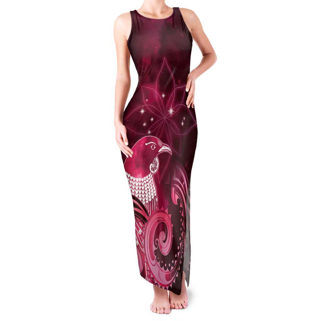New Zealand Matariki Family Matching Tank Maxi Dress and Hawaiian Shirt Maori Tui Bird Magenta Galaxy DT05 Mom's Dress Magenta - Polynesian Pride