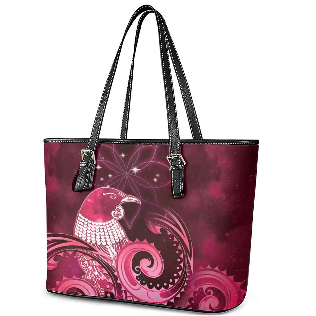 New Zealand Matariki Leather Tote Bag Maori Tui Bird Magenta Galaxy
