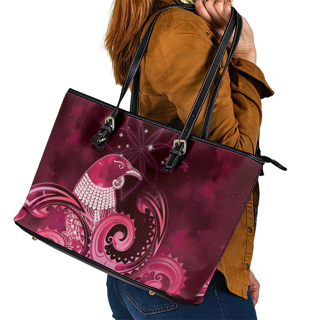 New Zealand Matariki Leather Tote Bag Maori Tui Bird Magenta Galaxy
