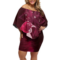New Zealand Matariki Off Shoulder Short Dress Maori Tui Bird Magenta Galaxy