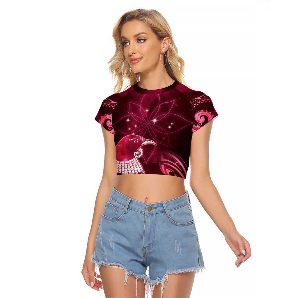 New Zealand Matariki Raglan Cropped T Shirt Maori Tui Bird Magenta Galaxy