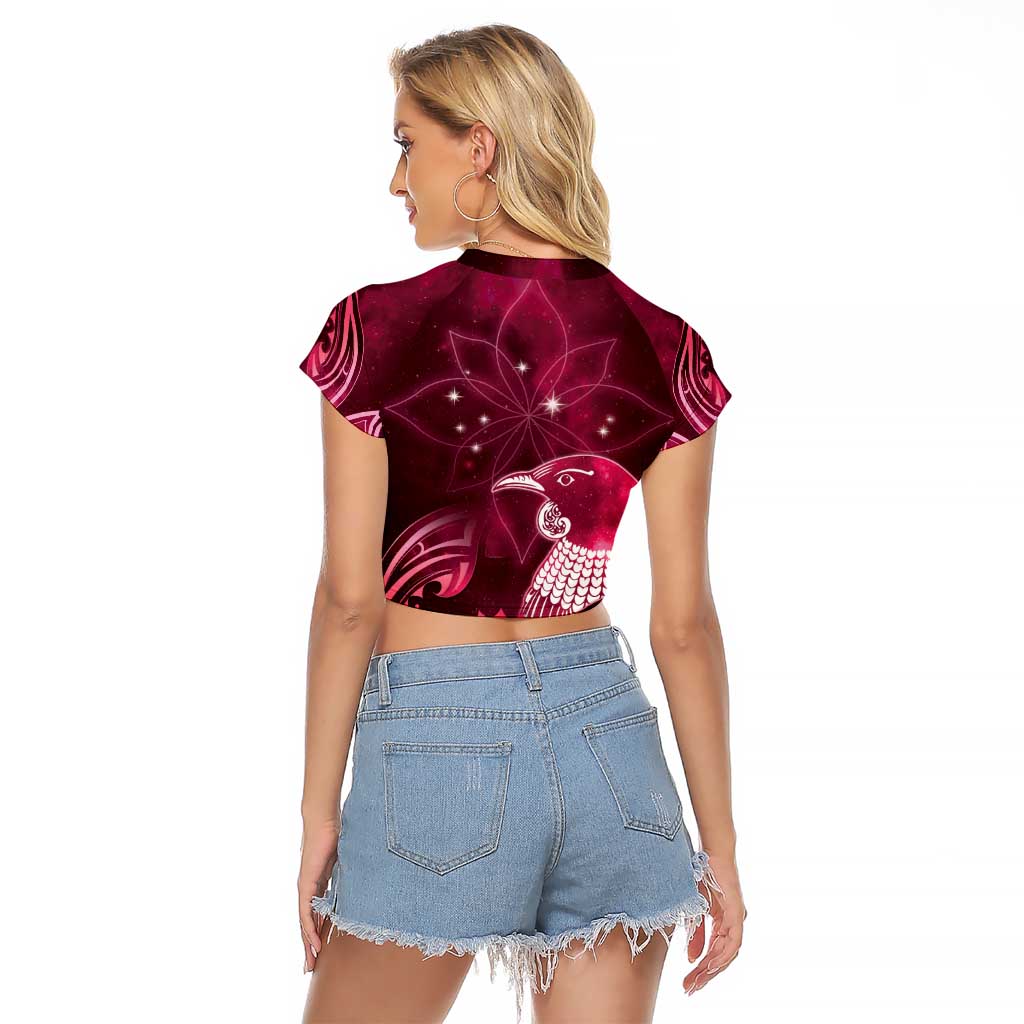 New Zealand Matariki Raglan Cropped T Shirt Maori Tui Bird Magenta Galaxy