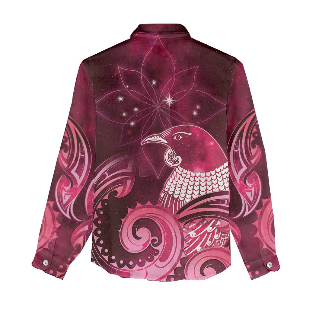 New Zealand Matariki Women Casual Shirt Maori Tui Bird Magenta Galaxy DT05 - Polynesian Pride