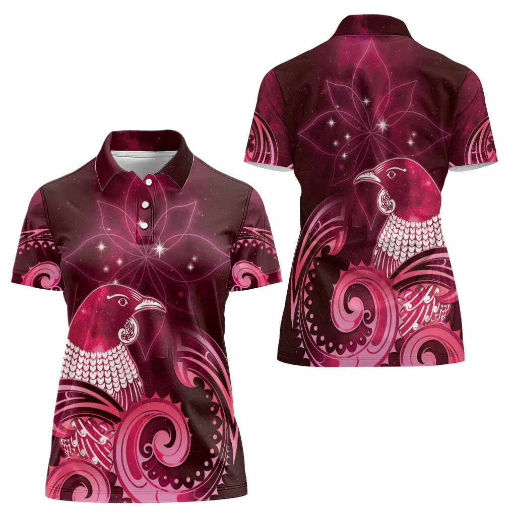 New Zealand Matariki Women Polo Shirt Maori Tui Bird Magenta Galaxy DT05 - Polynesian Pride