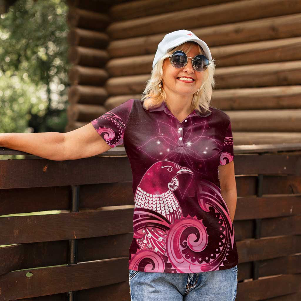 New Zealand Matariki Women Polo Shirt Maori Tui Bird Magenta Galaxy DT05 - Polynesian Pride